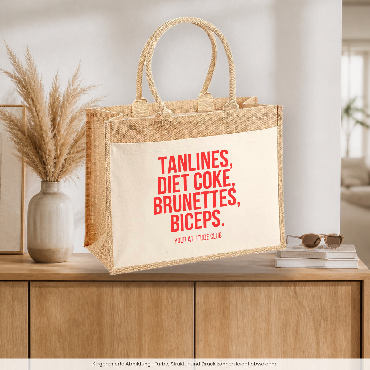 Tanlines, Diet Coke, brunettes, biceps. – Jutetasche mit Spruch, auf dem Sideboard im Flur