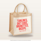 Tanlines, Diet Coke, brunettes, biceps. – Jutetasche mit Spruch, mittlere Jutetasche 30 × 30 cm