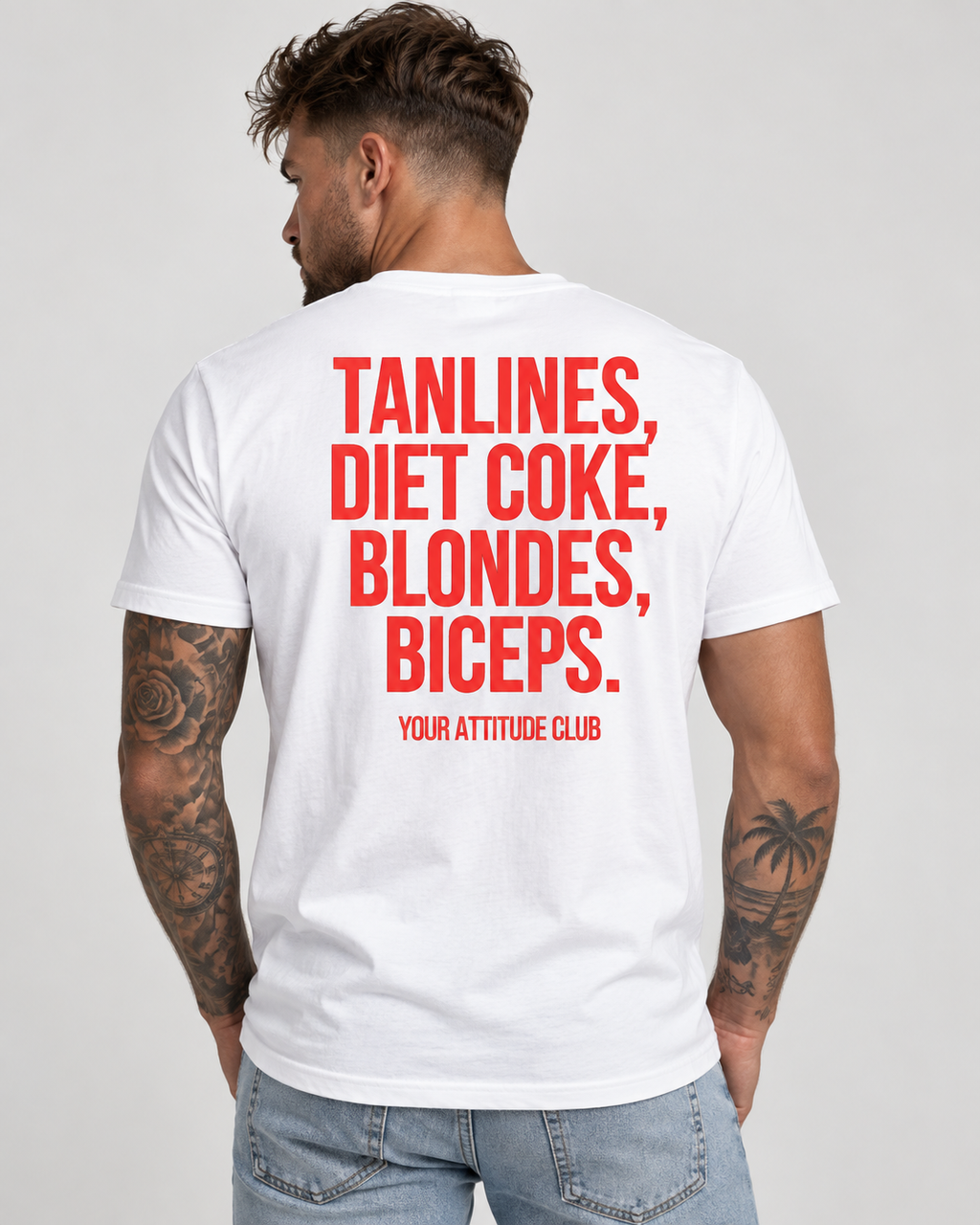 TANLINES, DIET COKE, BLONDES, BICEPS. – Unisex Statement T-Shirt Weiß mit rotem Backprint | freches Sprüche Shirt