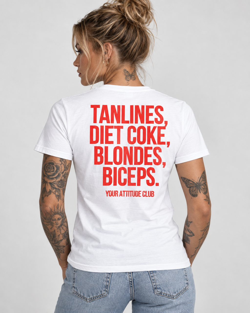 TANLINES, DIET COKE, BLONDES, BICEPS. – Unisex Statement T-Shirt Weiß mit rotem Backprint | freches Sprüche Shirt