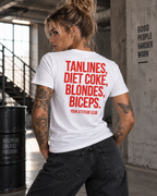 TANLINES, DIET COKE, BLONDES, BICEPS. – Unisex Statement T-Shirt Weiß mit rotem Backprint | freches Sprüche Shirt