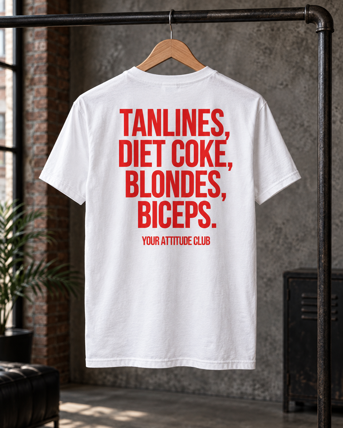 TANLINES, DIET COKE, BLONDES, BICEPS. – Unisex Statement T-Shirt Weiß mit rotem Backprint | freches Sprüche Shirt