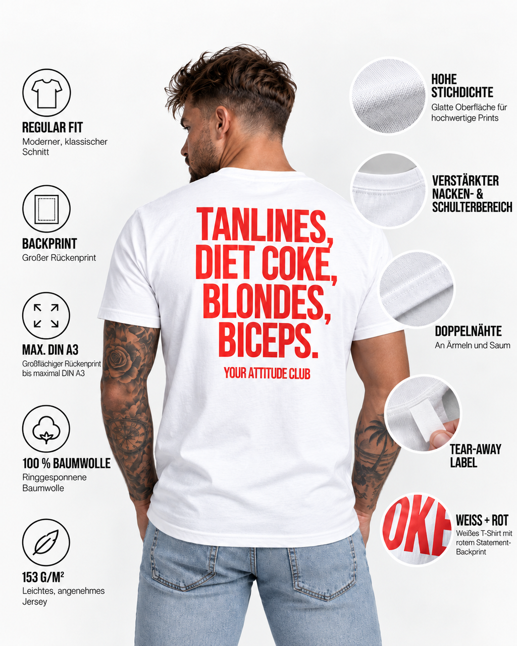 TANLINES, DIET COKE, BLONDES, BICEPS. – Unisex Statement T-Shirt Weiß mit rotem Backprint | freches Sprüche Shirt