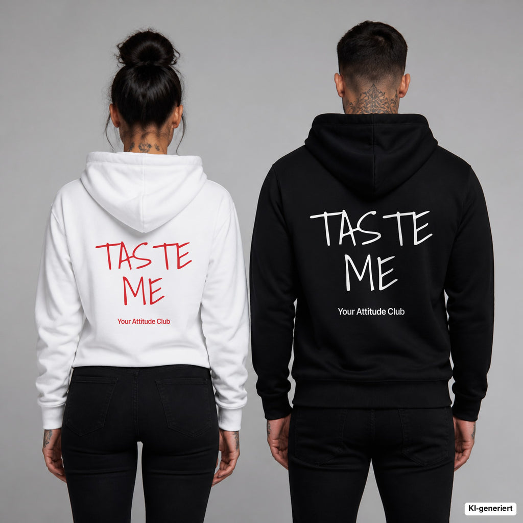 Taste Me – Hoodie mit Backprint, Frau in Weiß mit rotem und Mann in Schwarz mit weißem Aufdruck