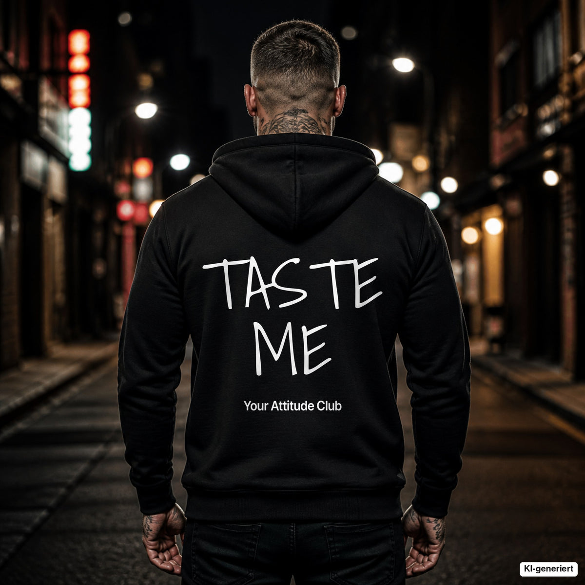 Taste Me – schwarzer Hoodie mit weißem Backprint, Herren in der Stadt bei Nacht