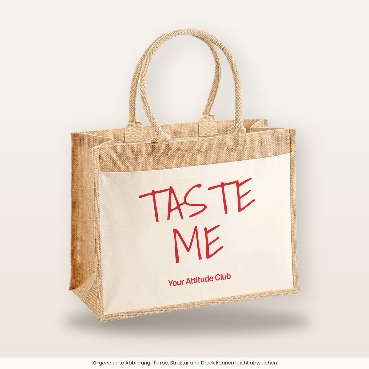 Taste Me – Jutetasche mit Spruch, große Jutetasche, Produktansicht