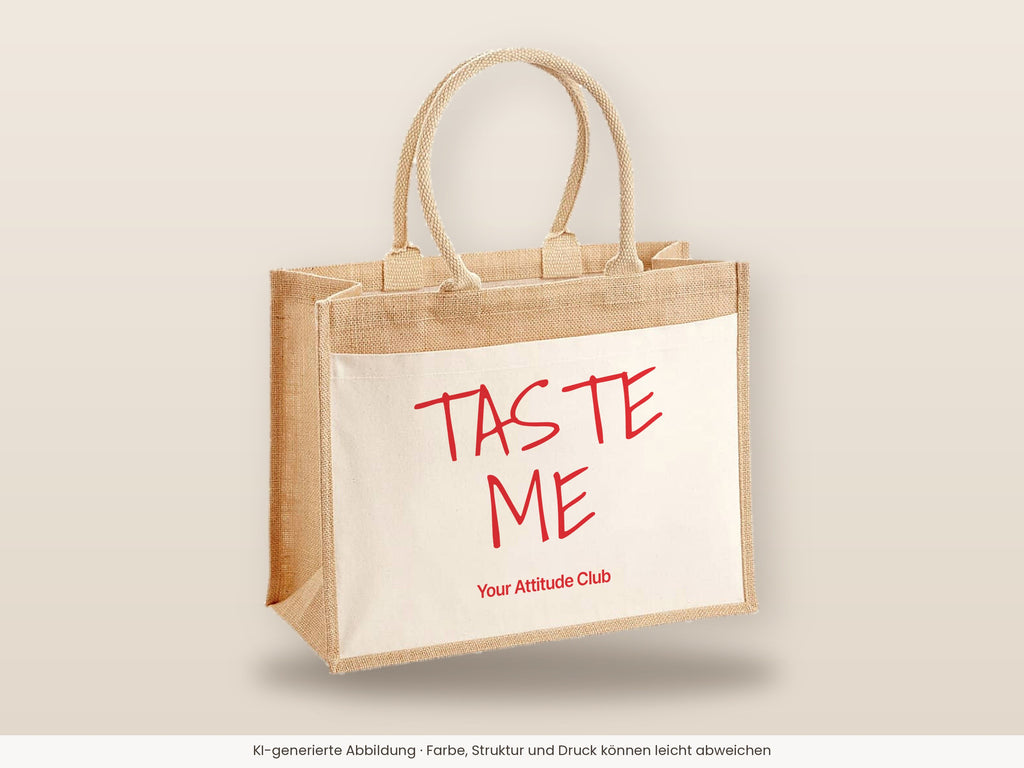 Taste Me – Jutetasche mit Spruch, große Jutetasche, Detailansicht