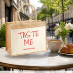 Taste Me – Jutetasche mit Spruch, im Café
