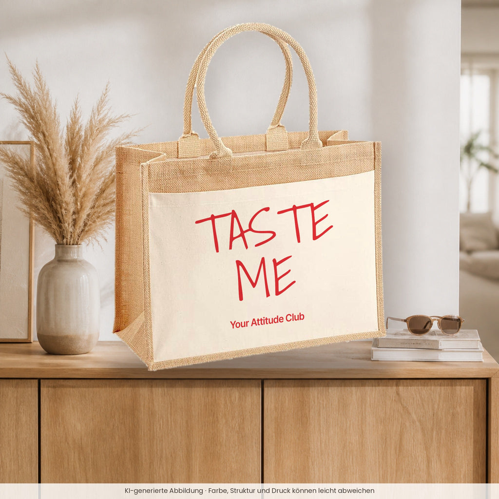 Taste Me – Jutetasche mit Spruch, auf dem Sideboard im Flur