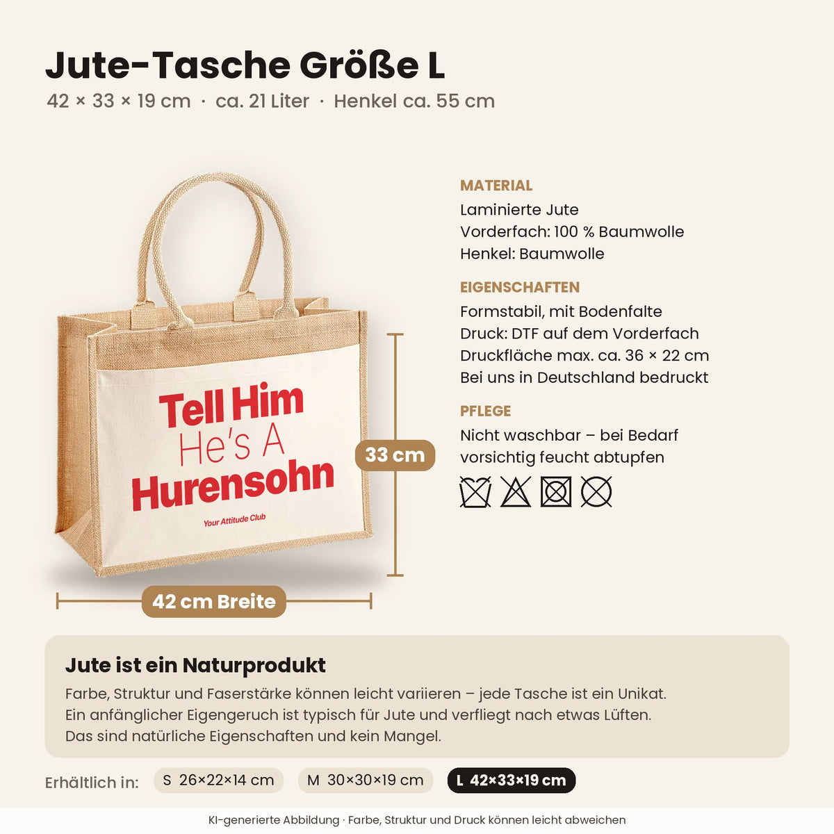 Tell Him He’s A Hurensohn – Jutetasche mit Spruch, Maße, Material und Pflege