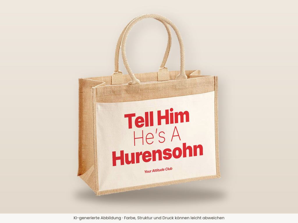 Tell Him He’s A Hurensohn – Jutetasche mit Spruch, große Jutetasche, Detailansicht