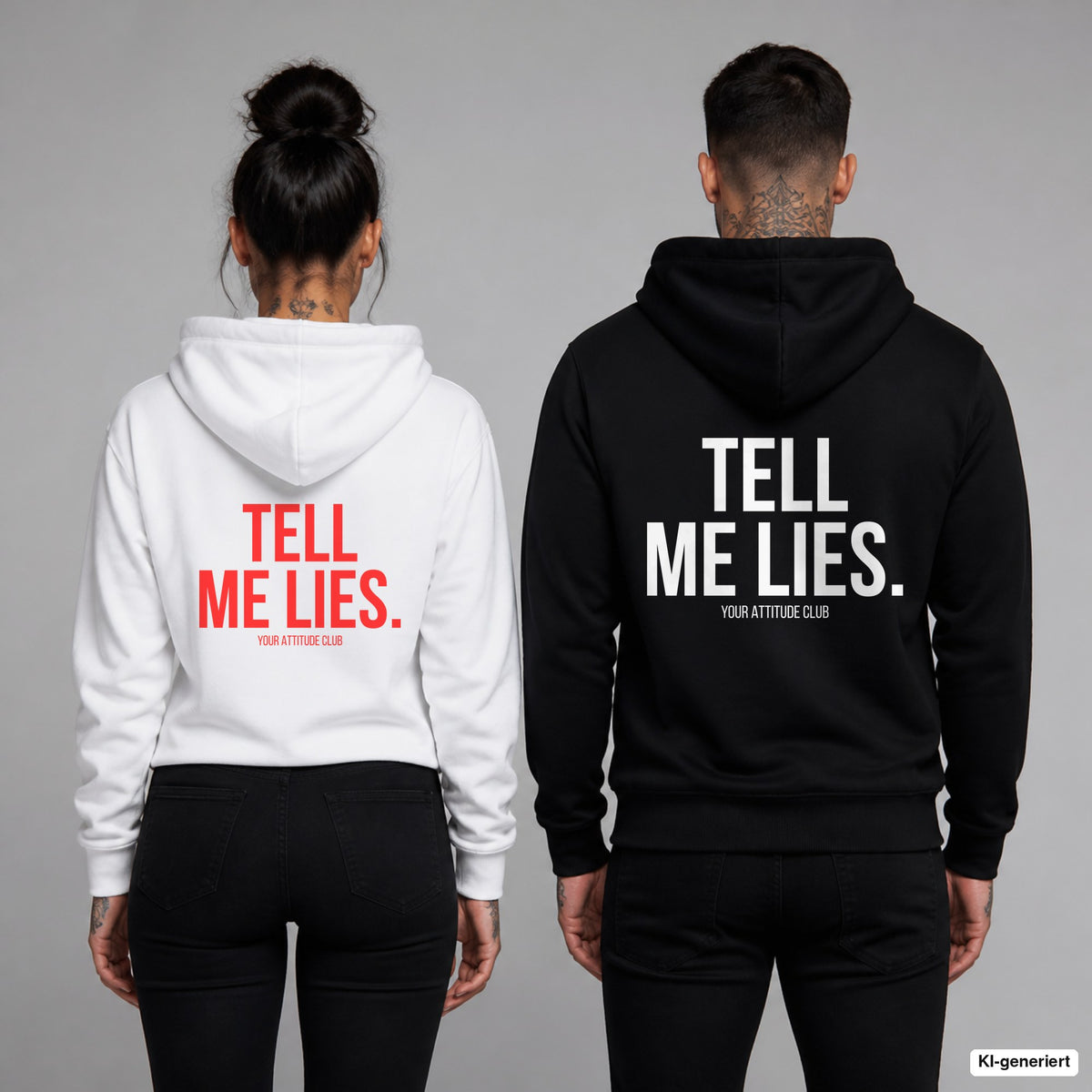 TELL ME LIES – Hoodie mit Backprint, Frau in Weiß mit rotem und Mann in Schwarz mit weißem Aufdruck