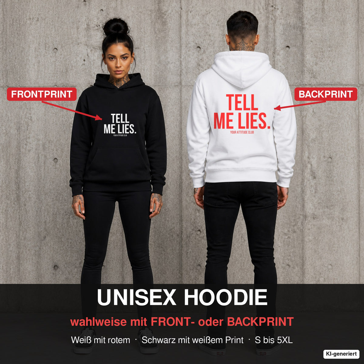 TELL ME LIES – Hoodie wahlweise mit Front- oder Backprint, Paar vor Betonwand