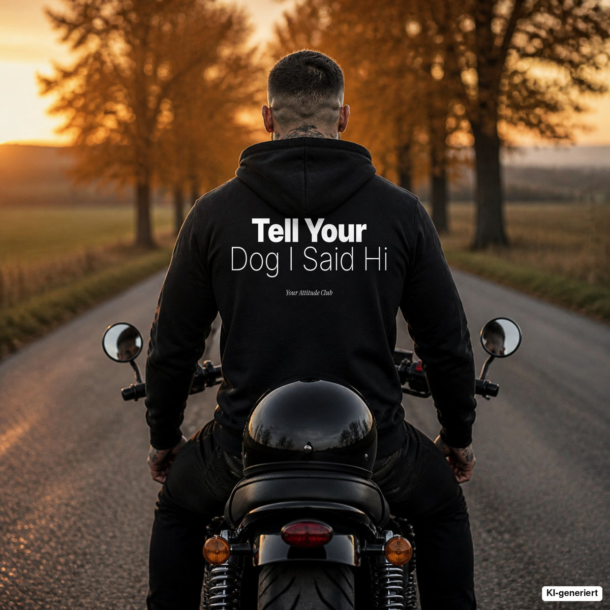 Tell Your Dog I Said Hi – schwarzer Hoodie mit weißem Backprint, Herren auf dem Motorrad