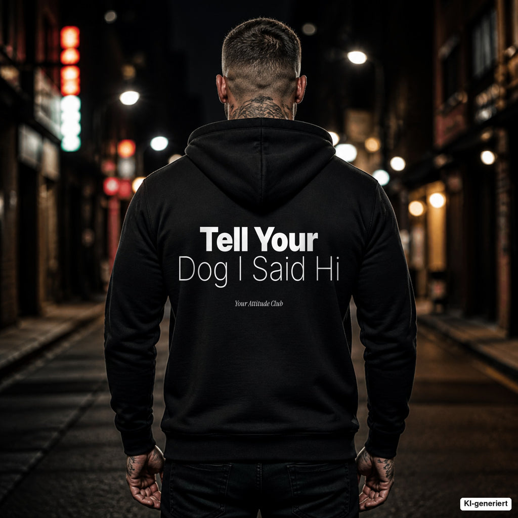 Tell Your Dog I Said Hi – schwarzer Hoodie mit weißem Backprint, Herren in der Stadt bei Nacht