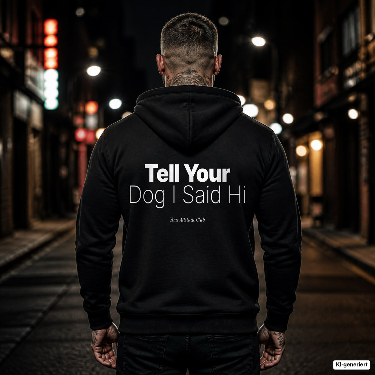 Tell Your Dog I Said Hi – schwarzer Hoodie mit weißem Backprint, Herren in der Stadt bei Nacht