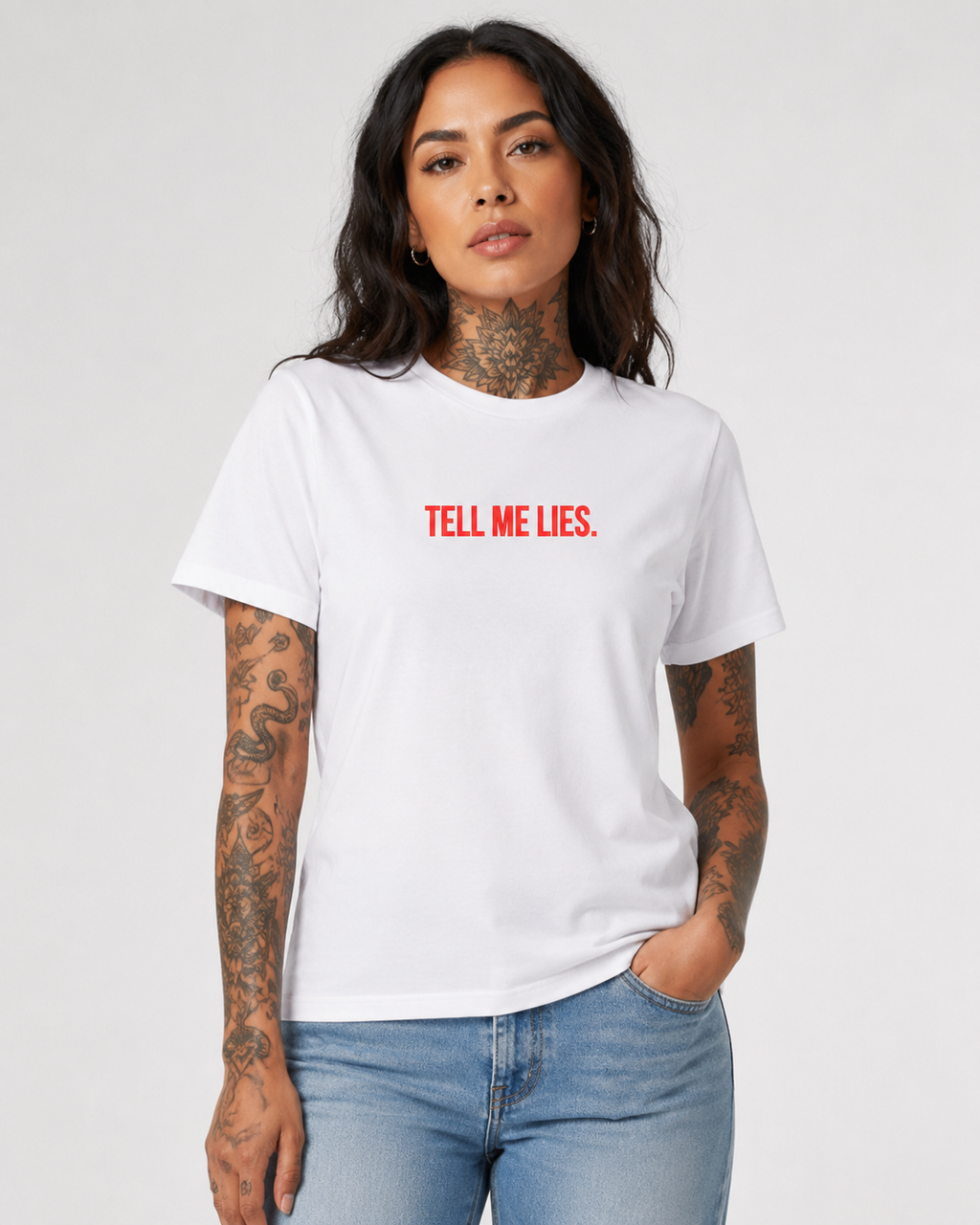 TELL ME LIES – besticktes Damen Shirt, freches Statement T-Shirt, Geschenk für Freundin, Bio-Baumwolle, Weiß oder Schwarz
