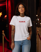 TELL ME LIES – besticktes Damen Shirt, freches Statement T-Shirt, Geschenk für Freundin, Bio-Baumwolle, Weiß oder Schwarz