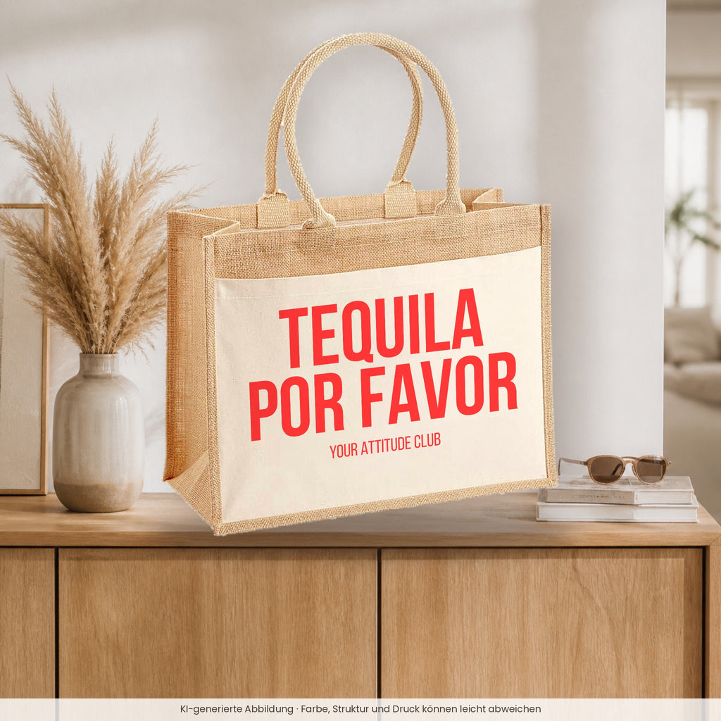 Tequila por favor – Jutetasche mit Spruch, auf dem Sideboard im Flur