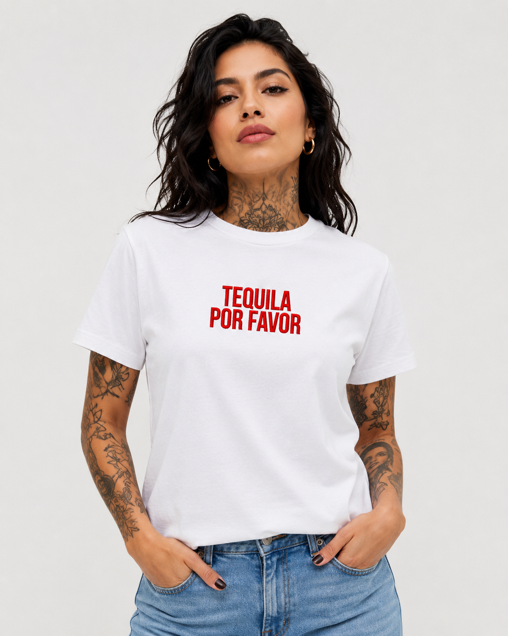 TEQUILA POR FAVOR – besticktes Damen Shirt, lustiges Statement T-Shirt, Geschenk für Freundin, Partyshirt, Bio-Baumwolle, Weiß oder Schwarz