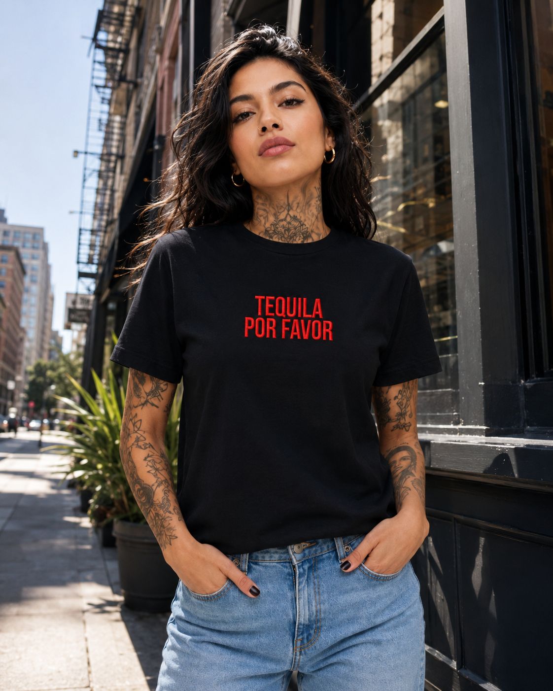 TEQUILA POR FAVOR – besticktes Damen Shirt, lustiges Statement T-Shirt, Geschenk für Freundin, Partyshirt, Bio-Baumwolle, Weiß oder Schwarz