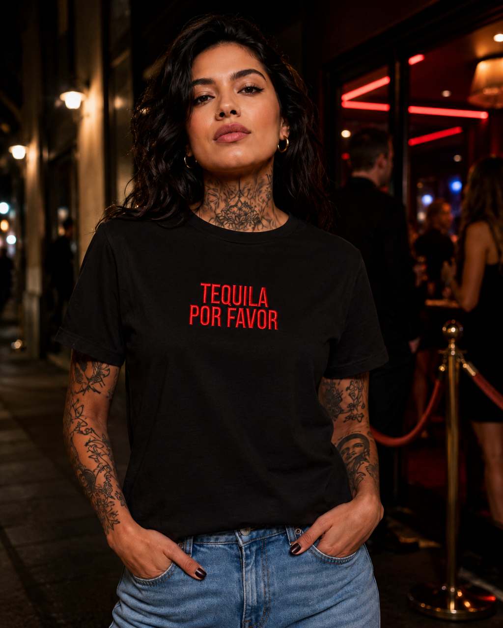 TEQUILA POR FAVOR – besticktes Damen Shirt, lustiges Statement T-Shirt, Geschenk für Freundin, Partyshirt, Bio-Baumwolle, Weiß oder Schwarz