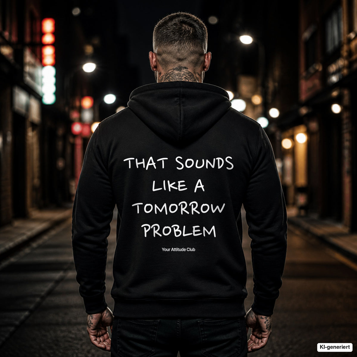 That Sounds Like a Tomorrow Problem – schwarzer Hoodie mit weißem Backprint, Herren in der Stadt bei Nacht