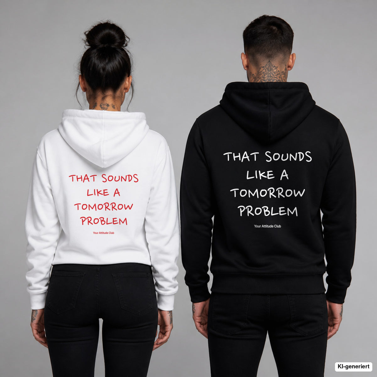 That Sounds Like a Tomorrow Problem – Hoodie mit Backprint, Frau in Weiß mit rotem und Mann in Schwarz mit weißem Aufdruck