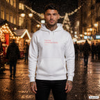 The Hot Unmarried Aunty – weißer Hoodie mit rotem Frontprint, Herren auf dem Weihnachtsmarkt