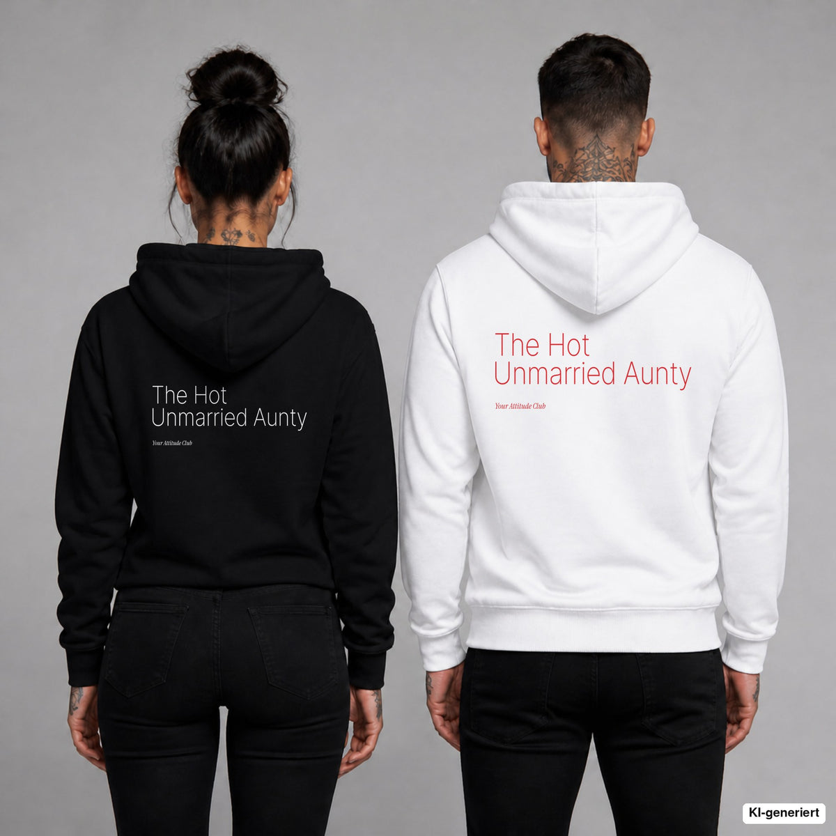 The Hot Unmarried Aunty – Hoodie mit Backprint, Frau in Schwarz und Mann in Weiß