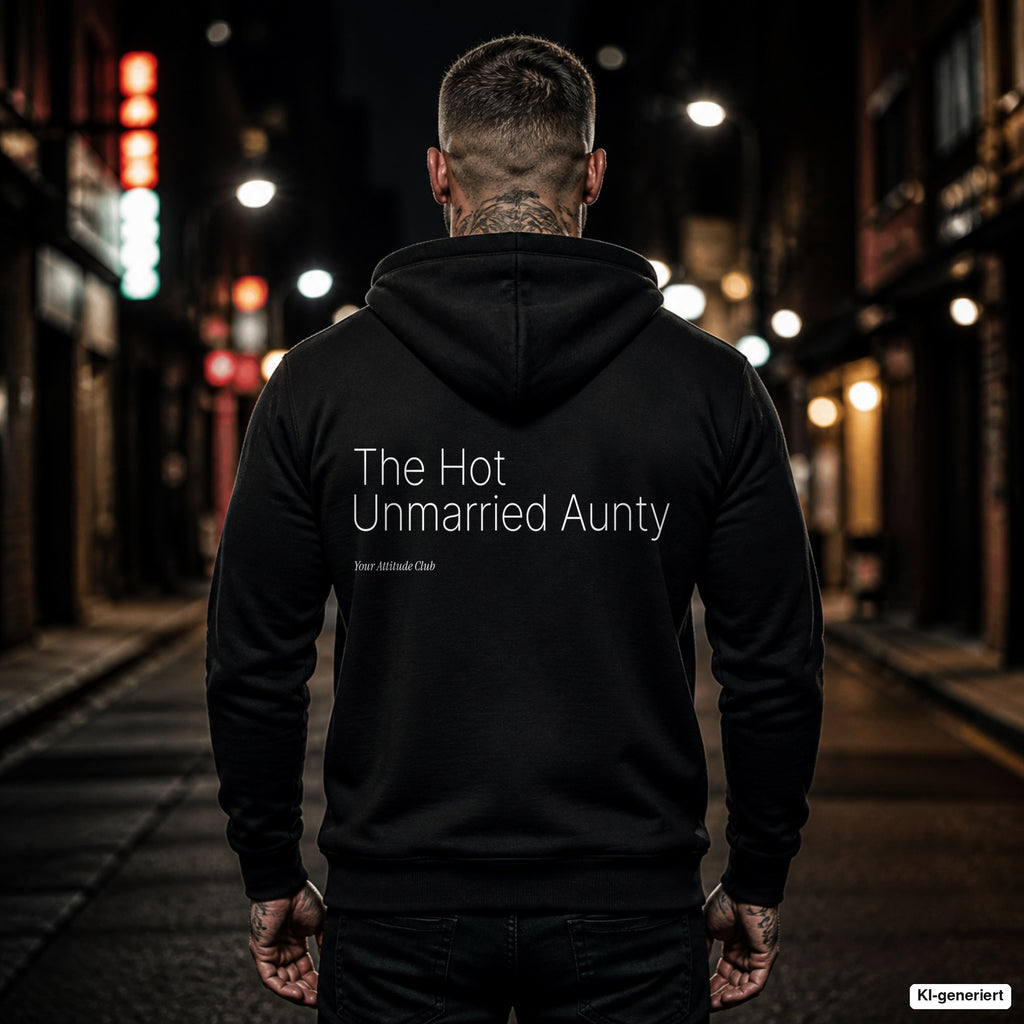 The Hot Unmarried Aunty – schwarzer Hoodie mit weißem Backprint, Herren in der Stadt bei Nacht