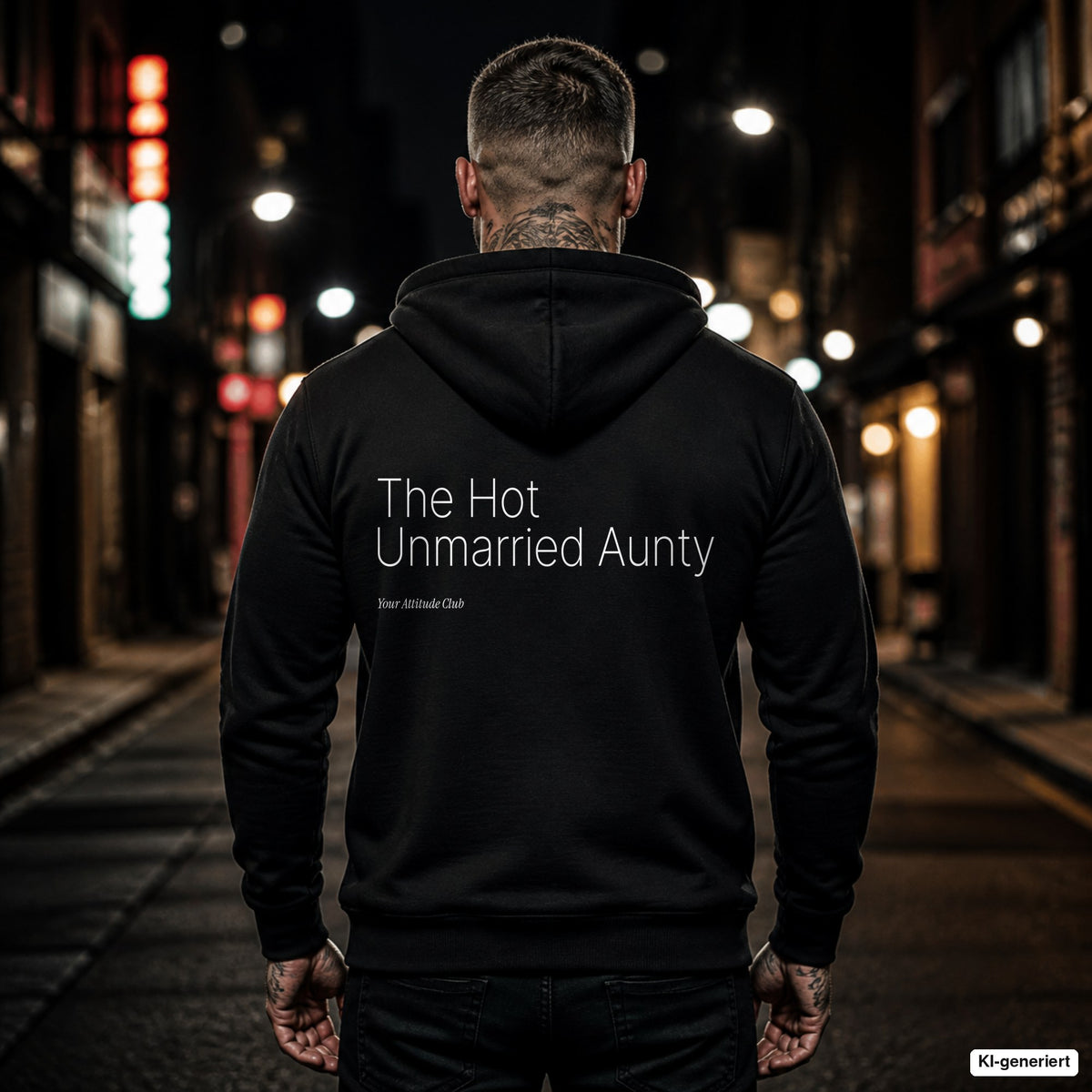 The Hot Unmarried Aunty – schwarzer Hoodie mit weißem Backprint, Herren in der Stadt bei Nacht