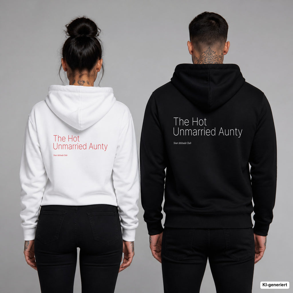 The Hot Unmarried Aunty – Hoodie mit Backprint, Frau in Weiß mit rotem und Mann in Schwarz mit weißem Aufdruck