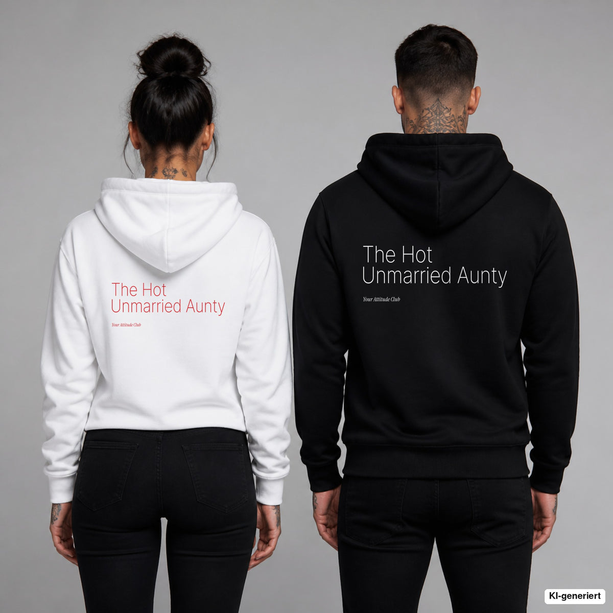 The Hot Unmarried Aunty – Hoodie mit Backprint, Frau in Weiß mit rotem und Mann in Schwarz mit weißem Aufdruck