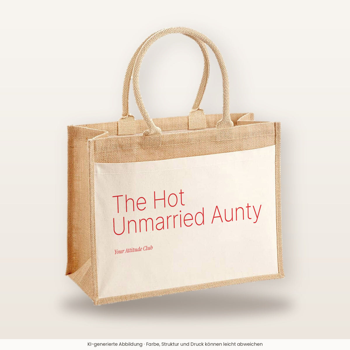 The Hot Unmarried Aunty – Jutetasche mit Spruch, große Jutetasche, Produktansicht
