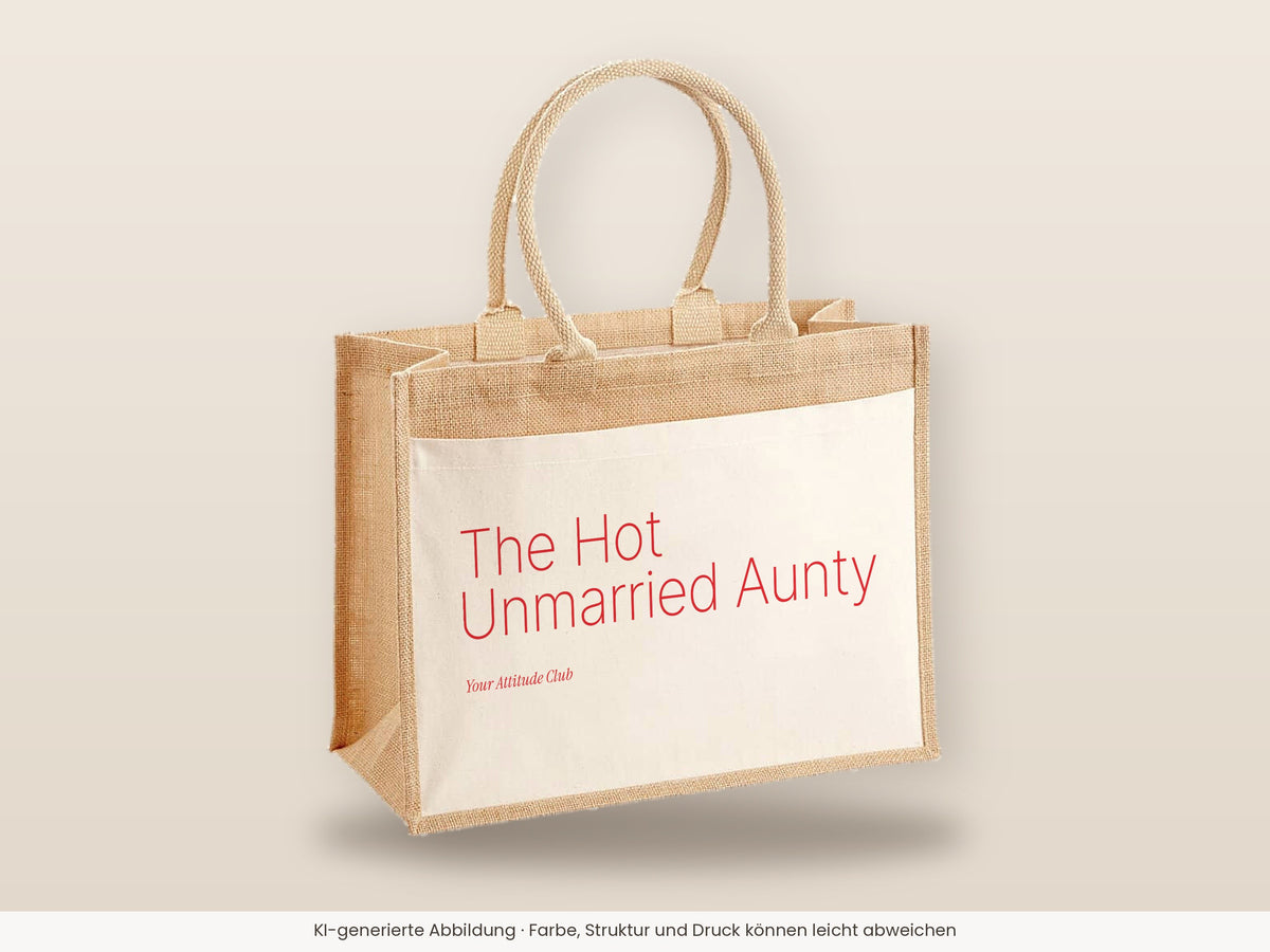 The Hot Unmarried Aunty – Jutetasche mit Spruch, große Jutetasche, Detailansicht