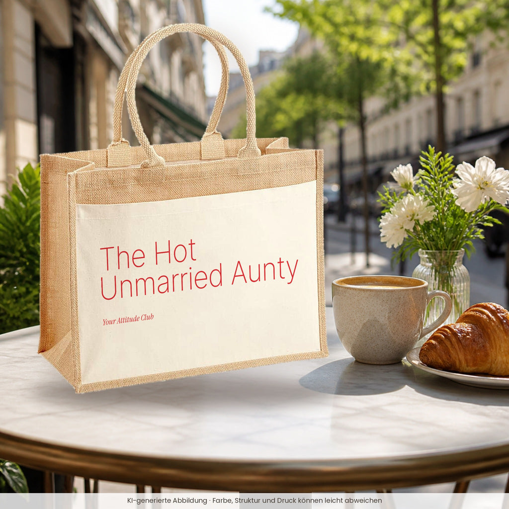The Hot Unmarried Aunty – Jutetasche mit Spruch, im Café