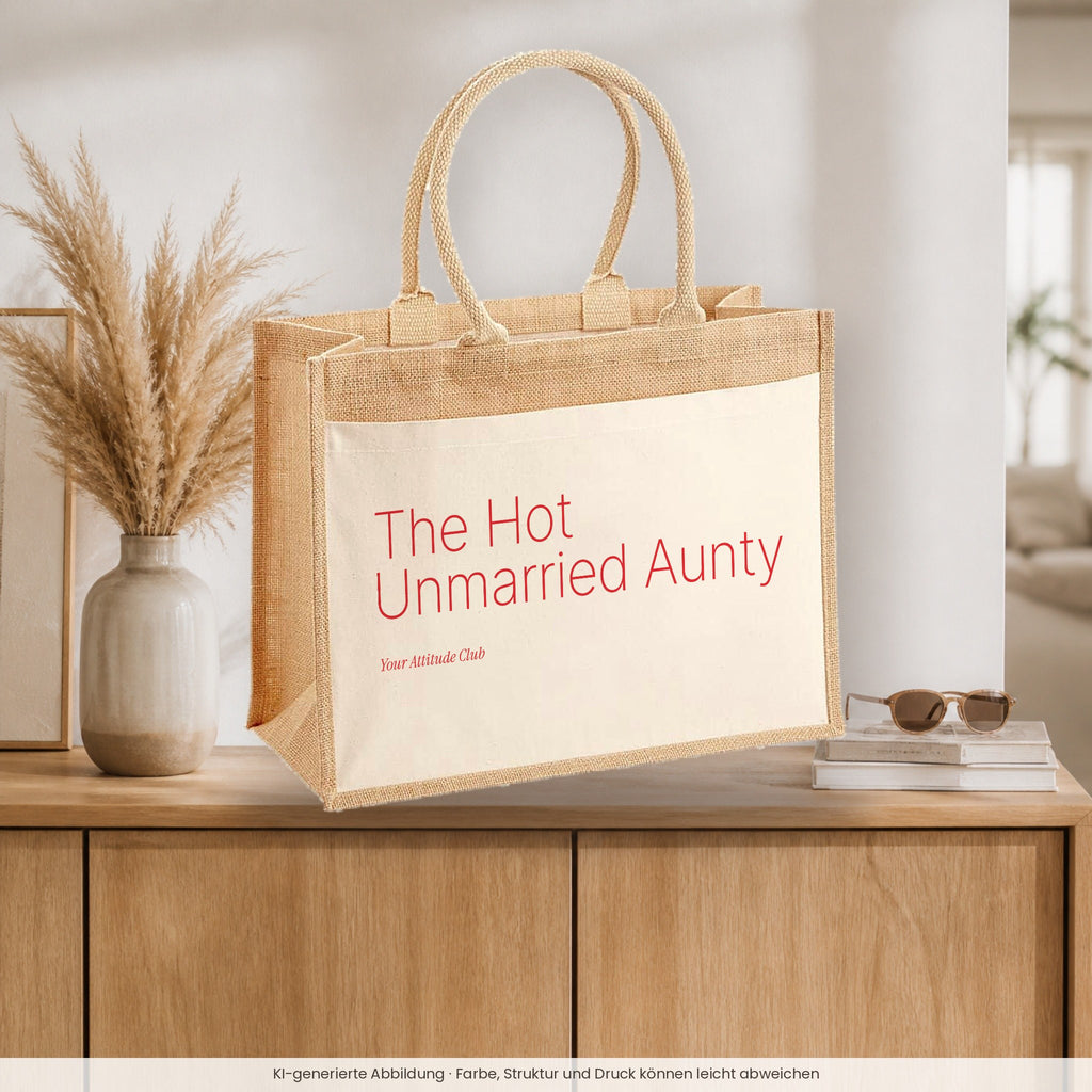 The Hot Unmarried Aunty – Jutetasche mit Spruch, auf dem Sideboard im Flur