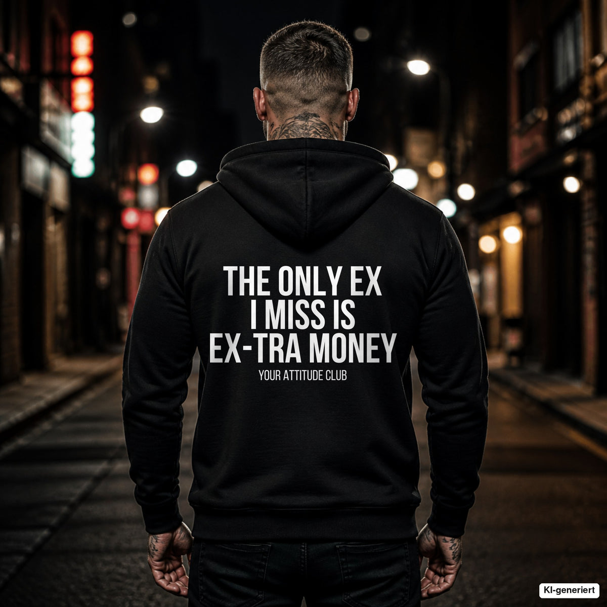 The only ex I miss is Ex-tra Money – schwarzer Hoodie mit weißem Backprint, Herren in der Stadt bei Nacht