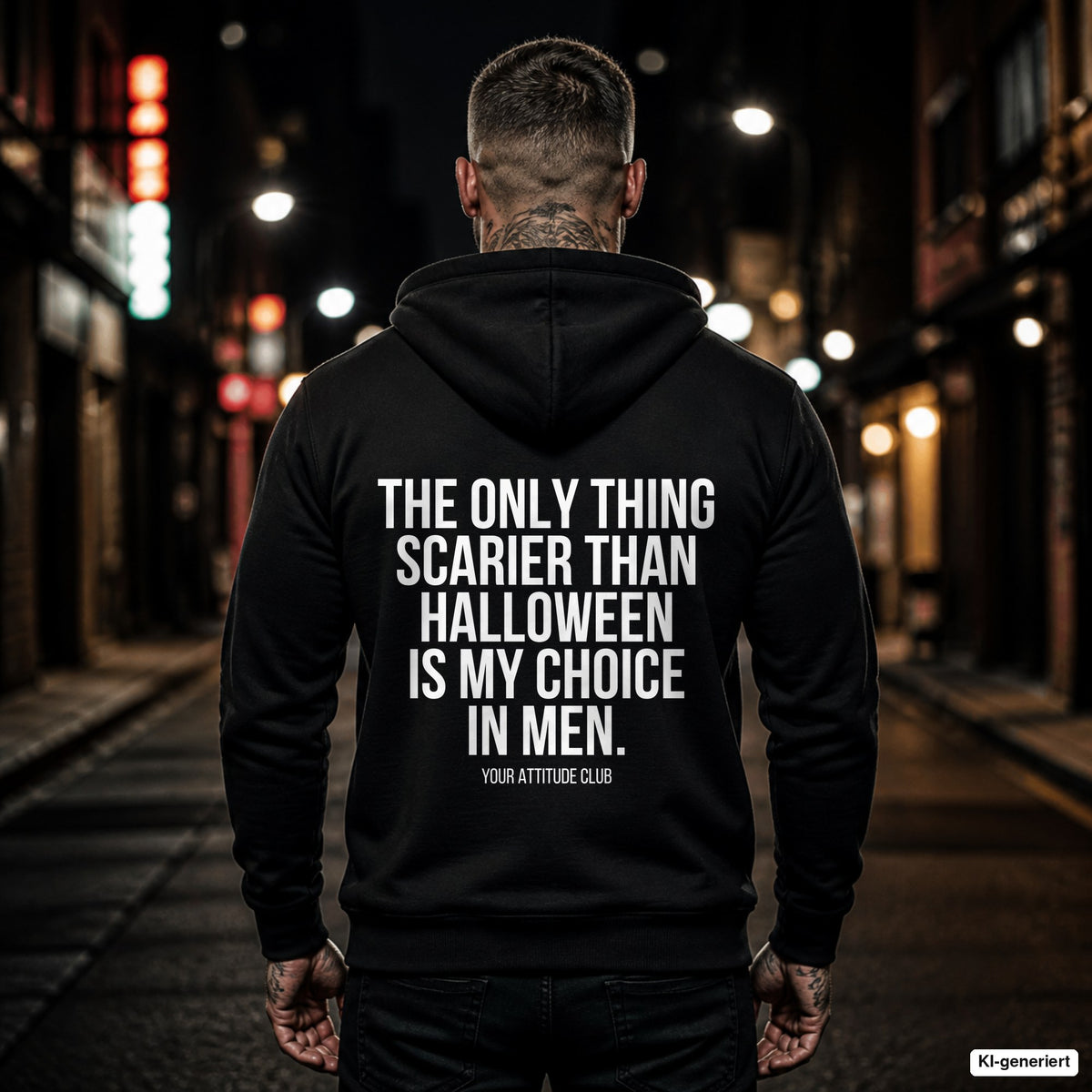 The only thing scarier than halloween is my choice in men – schwarzer Hoodie mit weißem Backprint, Herren in der Stadt bei Nacht