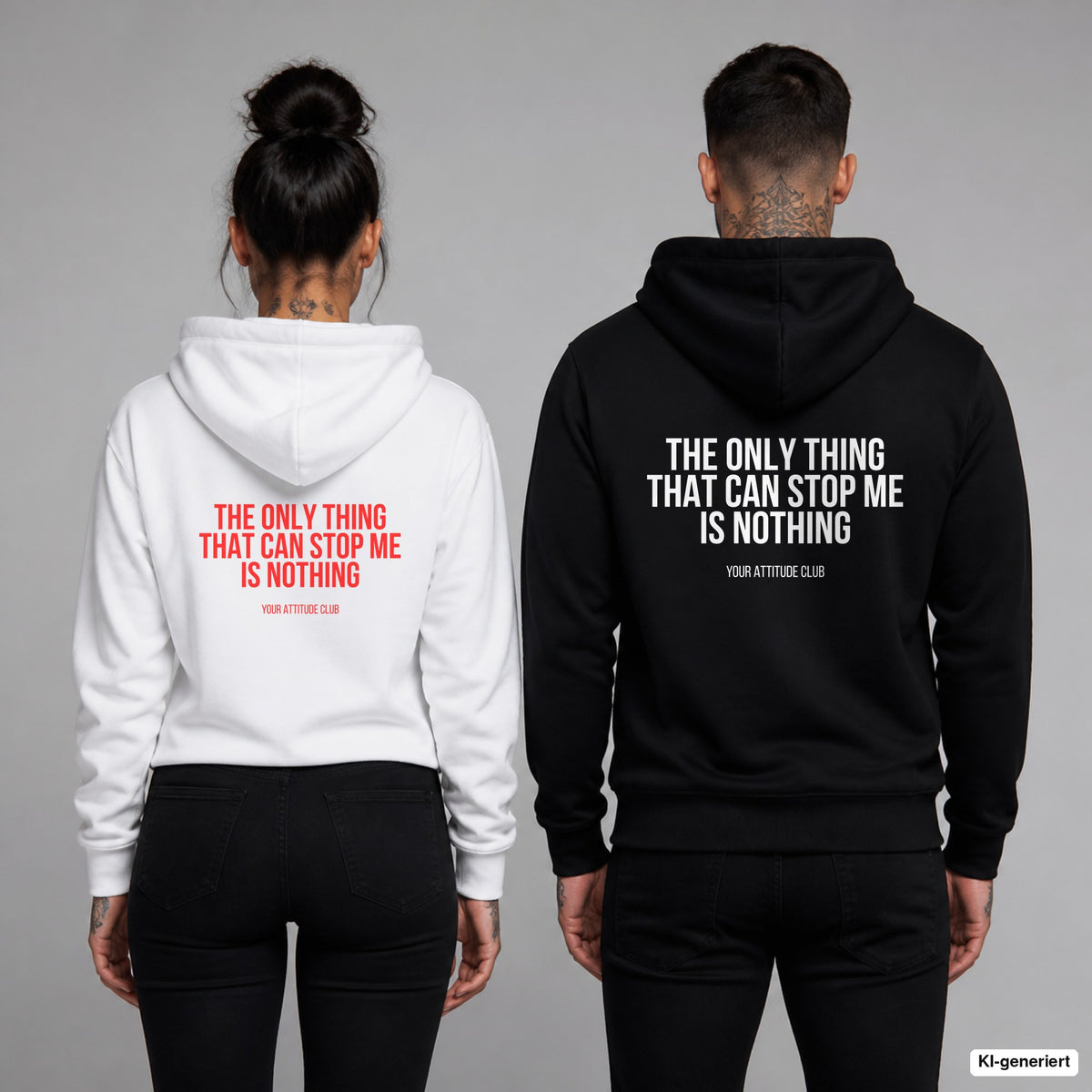The only thing that can stop me is nothing – Hoodie mit Backprint, Frau in Weiß mit rotem und Mann in Schwarz mit weißem Aufdruck