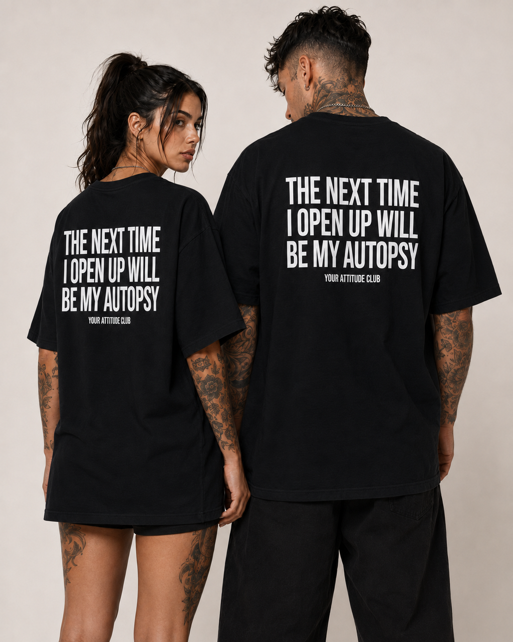 THE NEXT TIME I OPEN UP WILL BE MY AUTOPSY – Schwarzes Oversize Unisex Shirt, schwarzer Humor, Sarkasmus Shirt, lustiger Spruch, Backprint, Geschenk