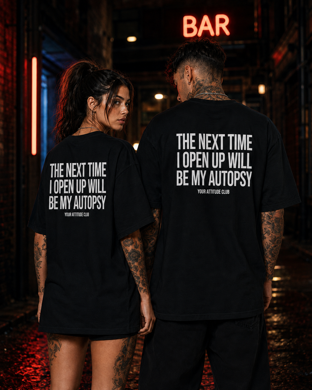 THE NEXT TIME I OPEN UP WILL BE MY AUTOPSY – Schwarzes Oversize Unisex Shirt, schwarzer Humor, Sarkasmus Shirt, lustiger Spruch, Backprint, Geschenk