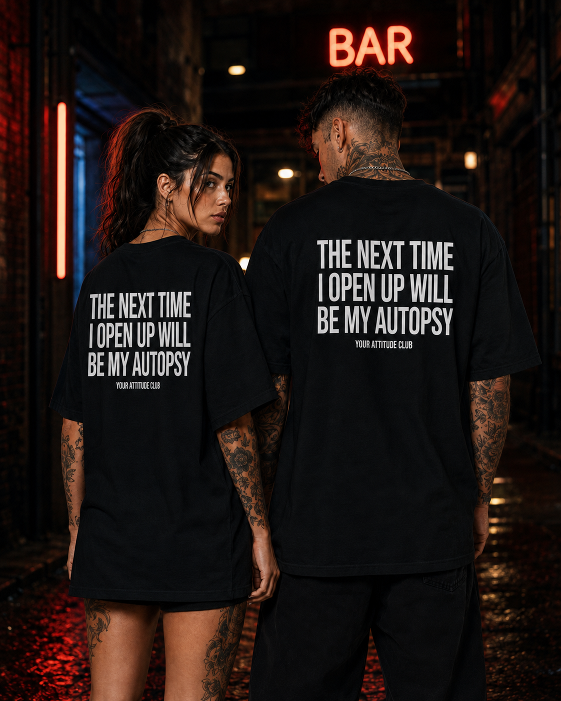 THE NEXT TIME I OPEN UP WILL BE MY AUTOPSY – Schwarzes Oversize Unisex Shirt, schwarzer Humor, Sarkasmus Shirt, lustiger Spruch, Backprint, Geschenk