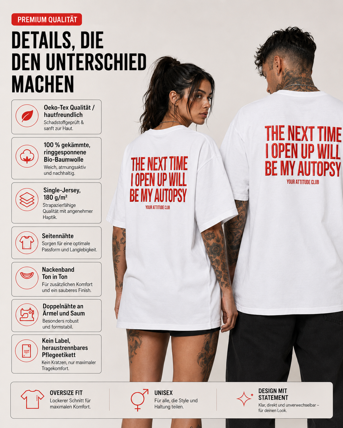 THE NEXT TIME I OPEN UP WILL BE MY AUTOPSY – Schwarzes Oversize Unisex Shirt, schwarzer Humor, Sarkasmus Shirt, lustiger Spruch, Backprint, Geschenk