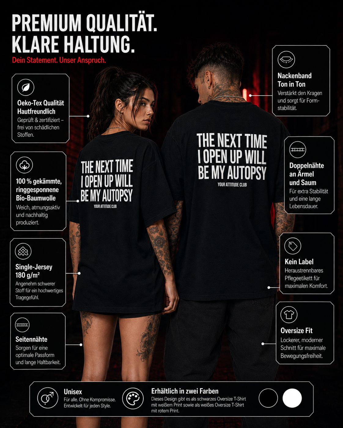 THE NEXT TIME I OPEN UP WILL BE MY AUTOPSY – Schwarzes Oversize Unisex Shirt, schwarzer Humor, Sarkasmus Shirt, lustiger Spruch, Backprint, Geschenk