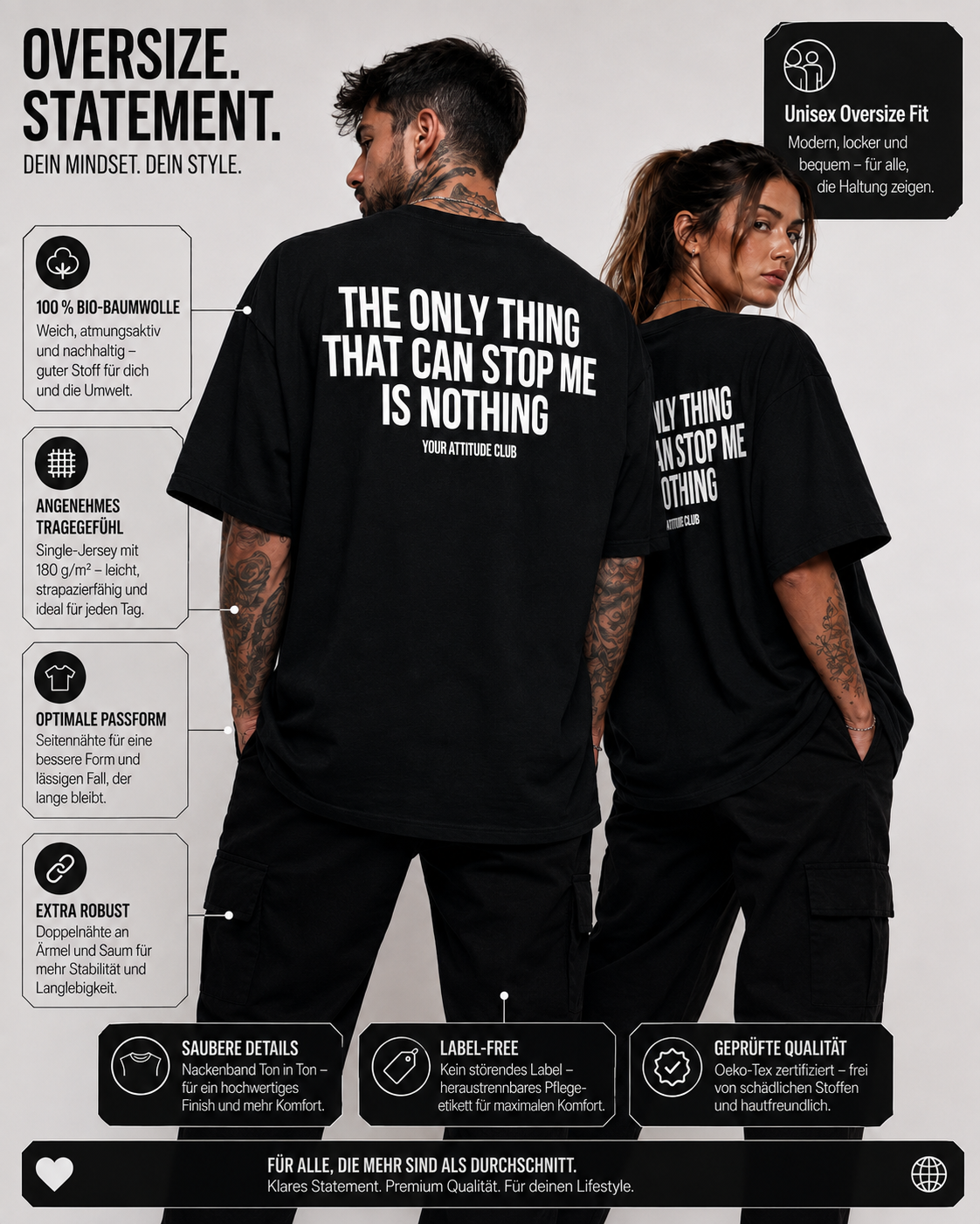 THE ONLY THING THAT CAN STOP ME IS NOTHING – Unisex Oversize T-Shirt mit Backprint, motivierendes Statement Shirt, Streetwear Geschenk