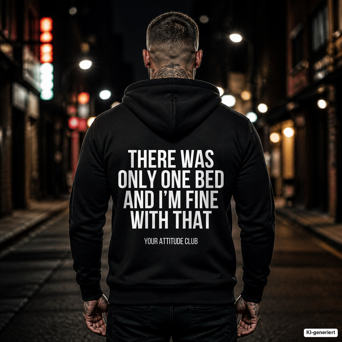 There was only one bed and I’m fine with that – schwarzer Hoodie mit weißem Backprint, Herren in der Stadt bei Nacht