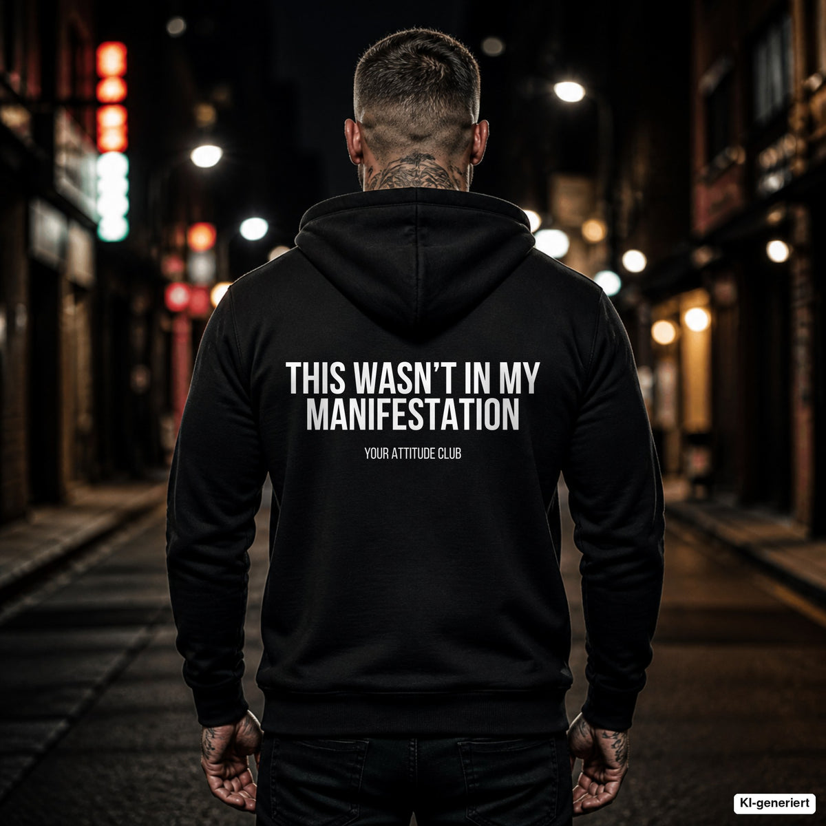 This wasn’t in my manifestation – schwarzer Hoodie mit weißem Backprint, Herren in der Stadt bei Nacht