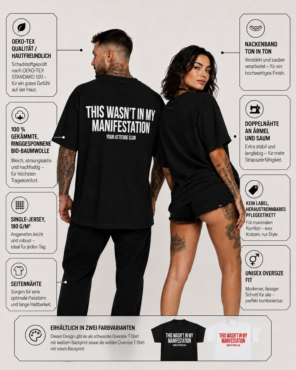 THIS WASN’T IN MY MANIFESTATION – Schwarzes Oversize Unisex Shirt, lustiger Spruch, Sarkasmus Shirt, Statement Shirt, Backprint, Geschenk, Streetwear
